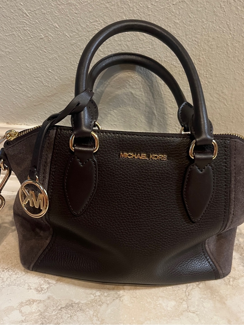 Michael Kors chocolate colored,  Leather and suede Satchel with Gold Hardware.